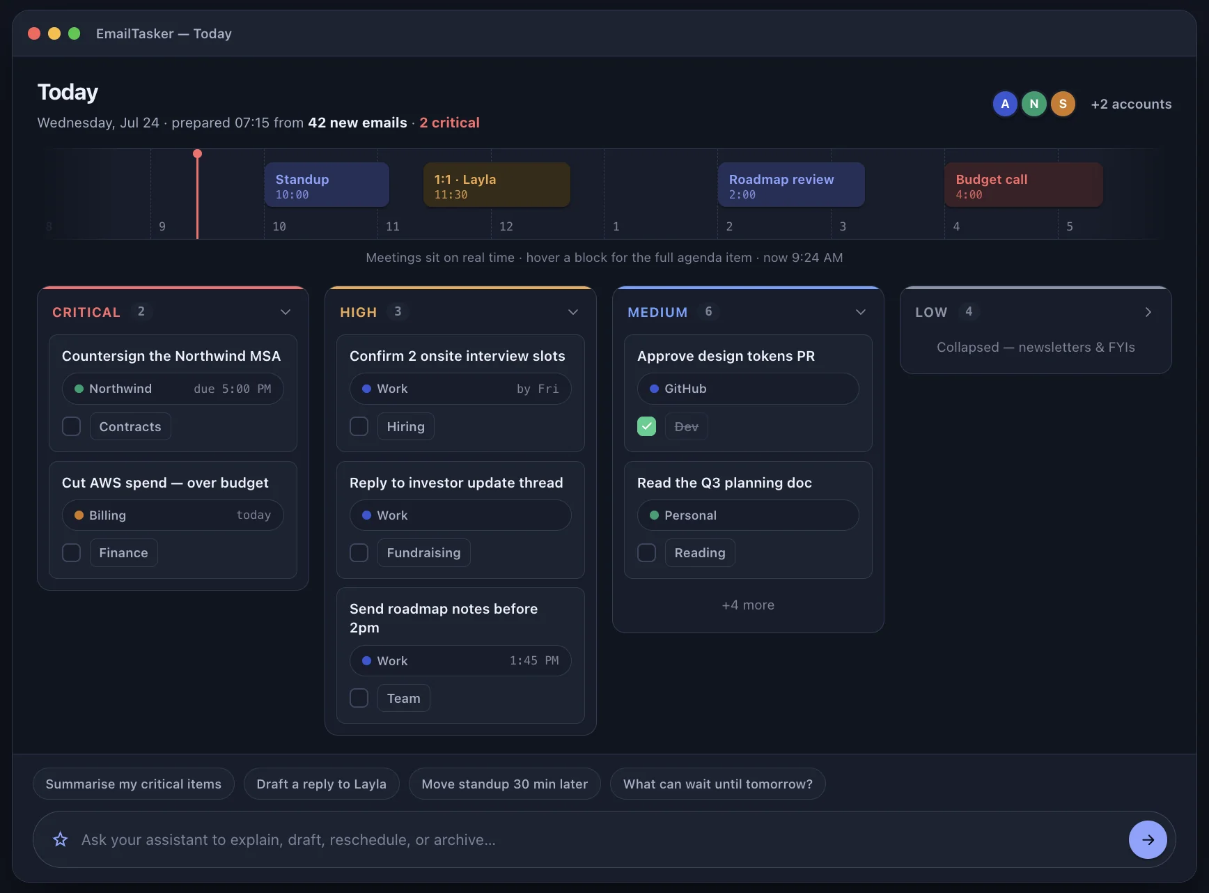 EmailTasker Today cockpit showing a calendar timeline, prioritized tasks, and a docked assistant.